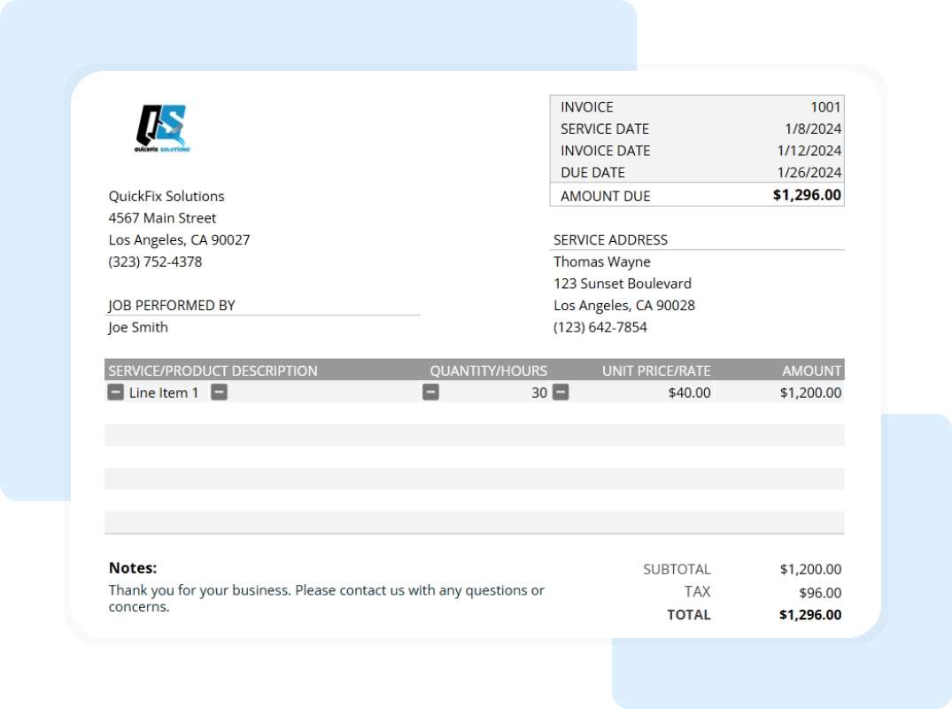 small business invoice template showing printable summary report