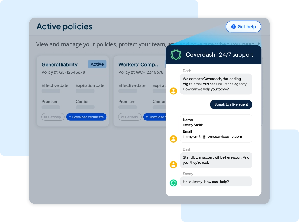Active policies dashboard with a 24/7 support chat window showing live agent assistance and policy management options