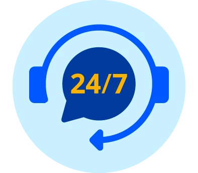 24/7 customer support represented by a chat bubble with a headset icon and circular arrow