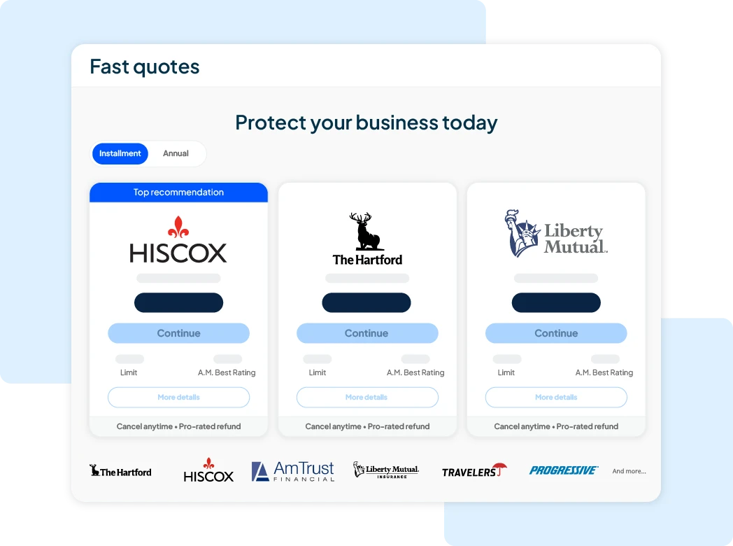 Fast quotes interface showing insurance provider options like Hiscox, The Hartford, and Liberty Mutual with pricing details, ratings, and continue buttons