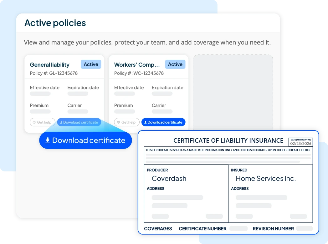 Active policies dashboard showing general liability and workers’ compensation policies with details and option to download insurance certificate
