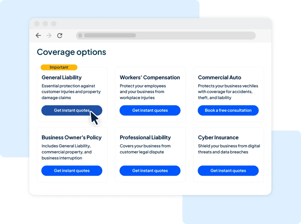 Coverage options interface showing business insurance cards for general liability, workers’ compensation, commercial auto, business owner’s policy, professional liability, and cyber insurance with call-to-action buttons