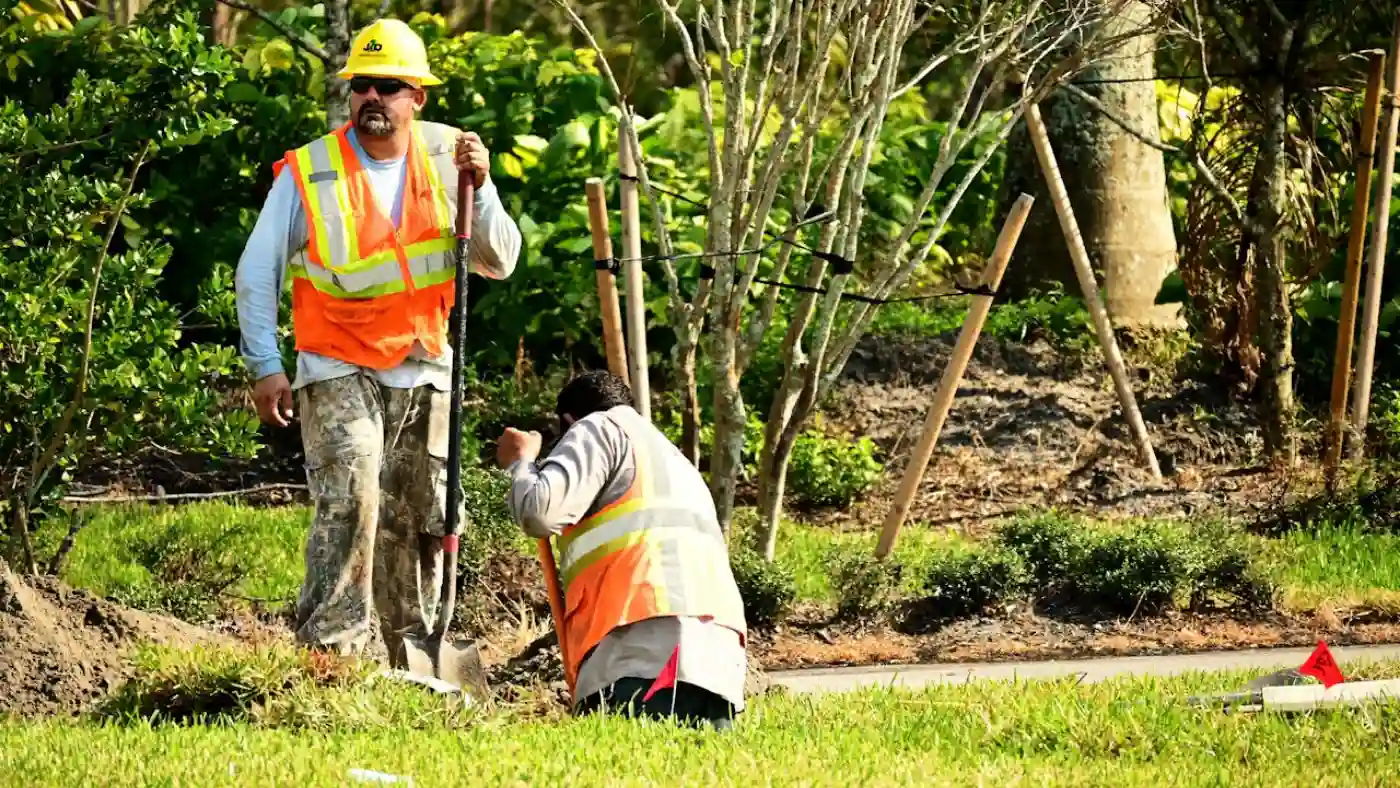 landscaping pro workers digging in soil with co worker