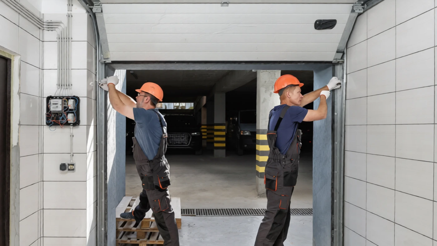 Two technicians installing or adjusting a garage door frame indoors