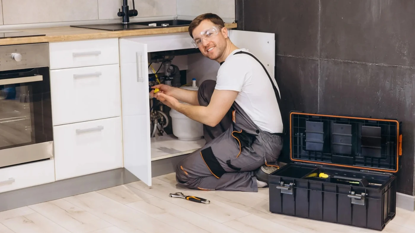 Plumber repairing kitchen sink plumbing with tools beside him