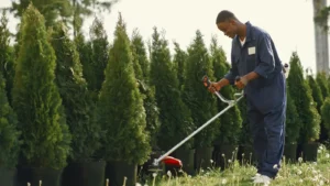 Landscaping professional trimming grass beside row of evergreen shrubs