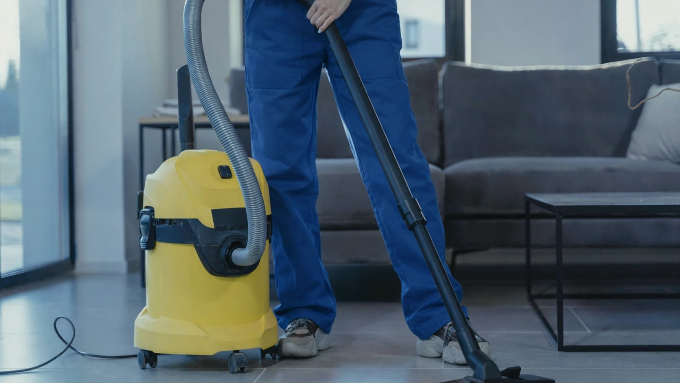 Professional cleaner vacuuming a modern living room floor
