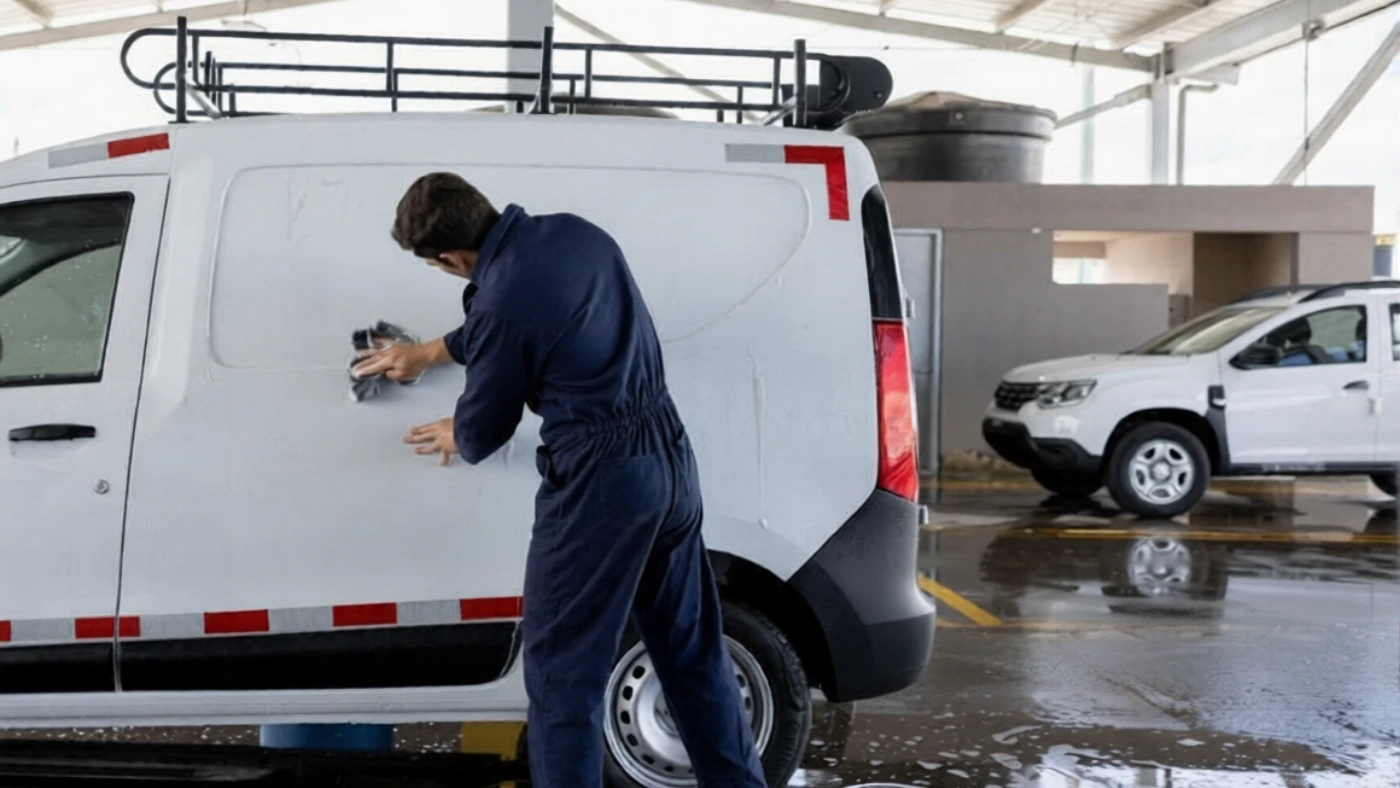 Pro worker washing the van