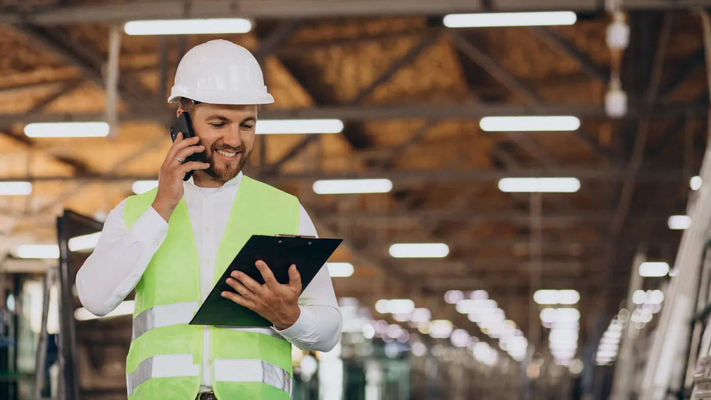 Construction manager in a hard hat reviewing a checklist while talking on the phone in a warehouse