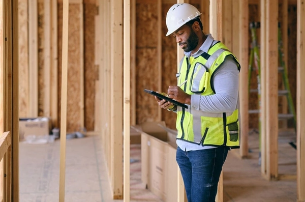 construction worker inspecting a home under construction while using tablet