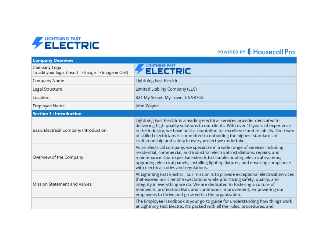 electrical employee handbook template cta