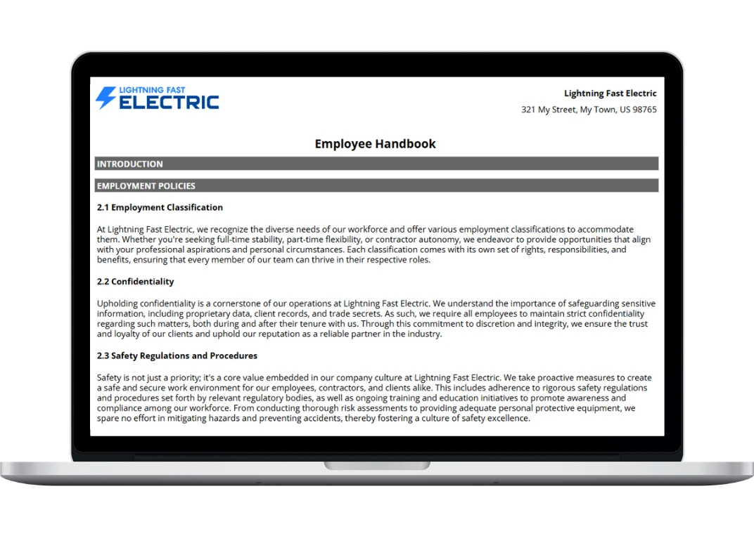 electrical employee handbook template hero image showing the printable full summary report tab