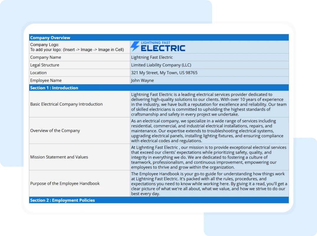 electrical employee handbook template tab showing the company and handbook details