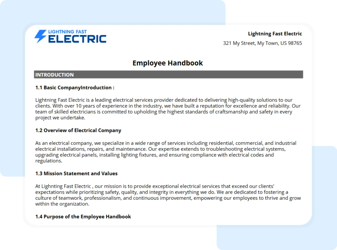 electrical employee handbook template tab showing the printable full summary report