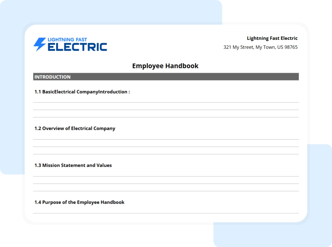 electrical employee handbook template tab showing the printable blank summary report