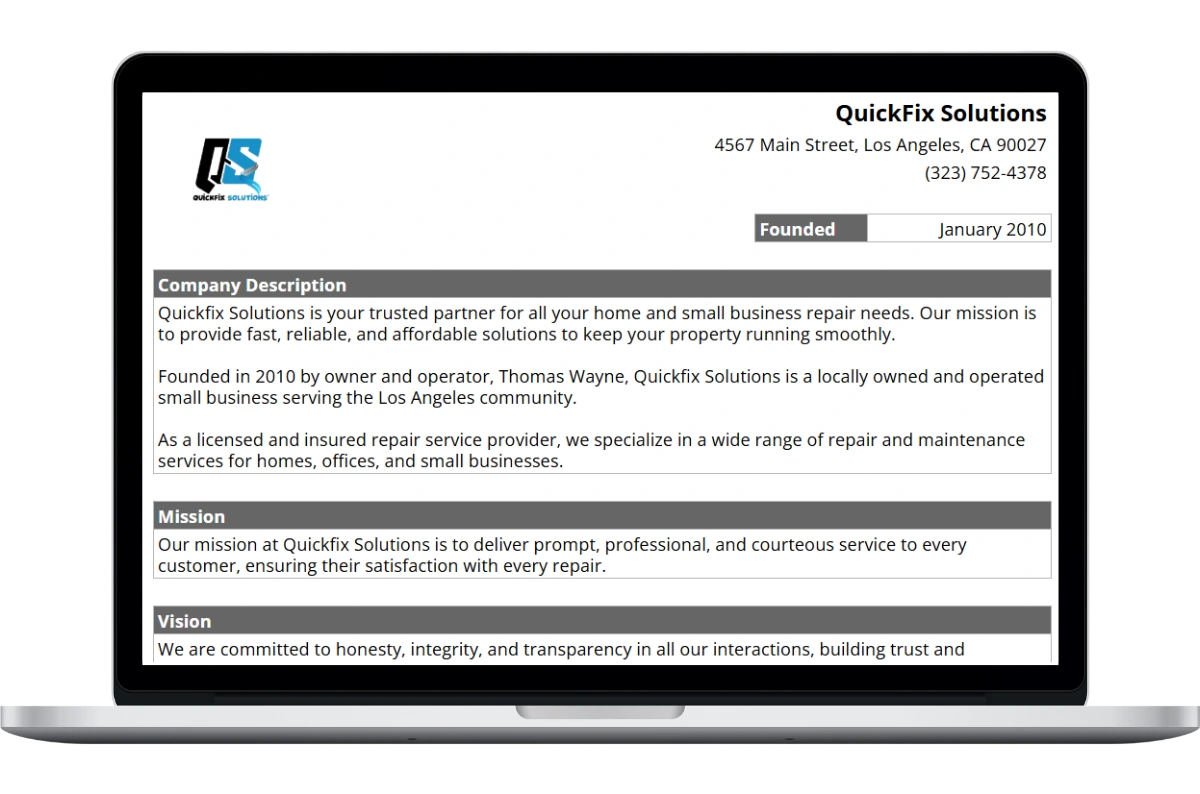 field service company profile template with printable summary report