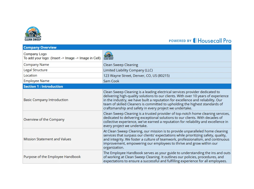 home cleaning employee handbook template cta includes the company and employee handbook details