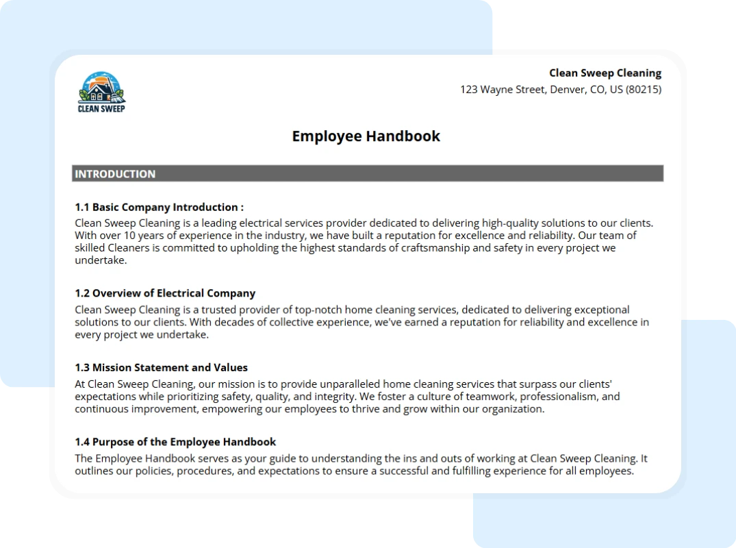 home cleaning employee handbook template showing the printable full summary report