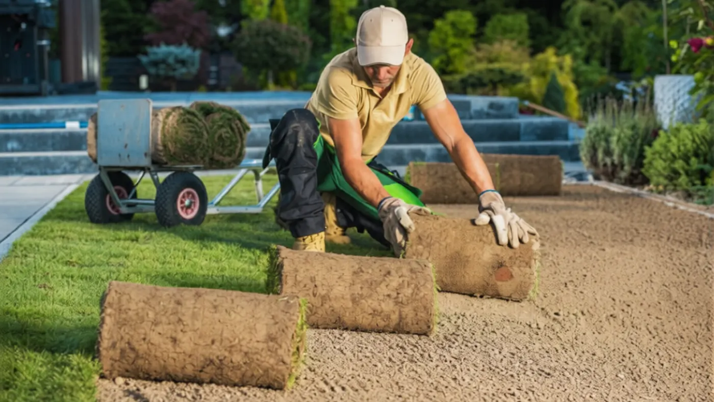 Pro installing turf grass in a backyard garden