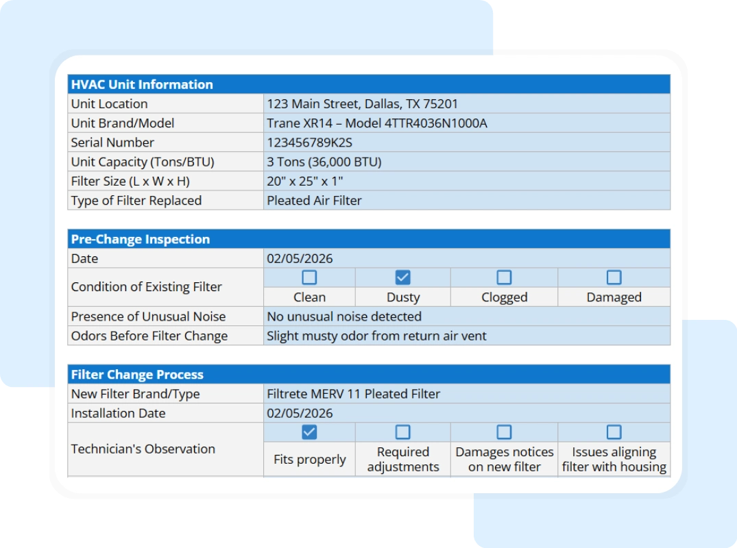 hvac filter change log template tab showing the filter change log details