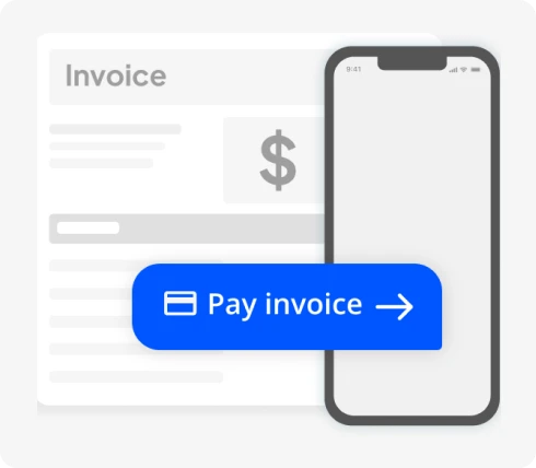 Invoice interface with mobile device and call-to-action button to pay invoice