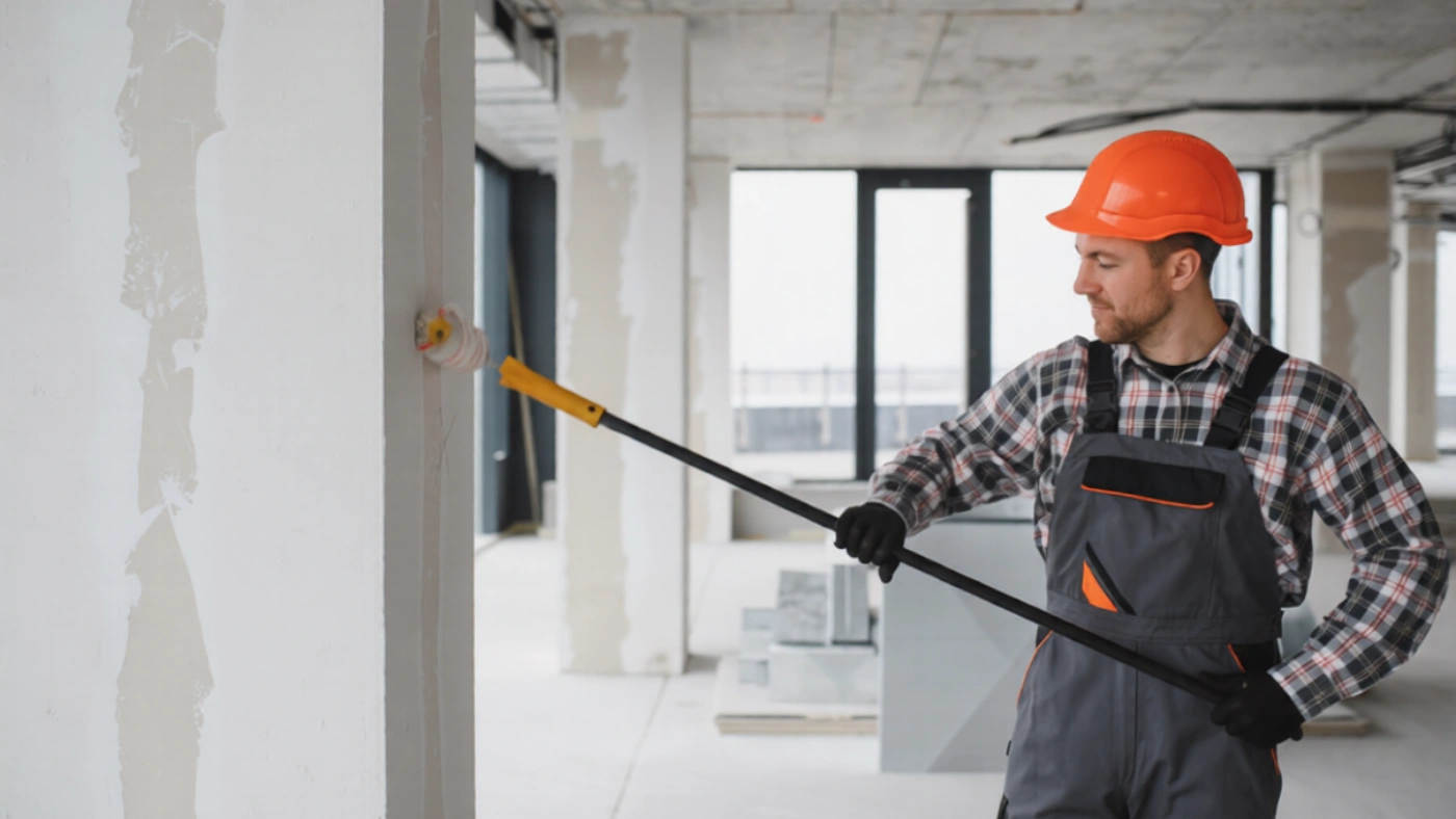 Professional painter priming an interior wall at a renovation site
