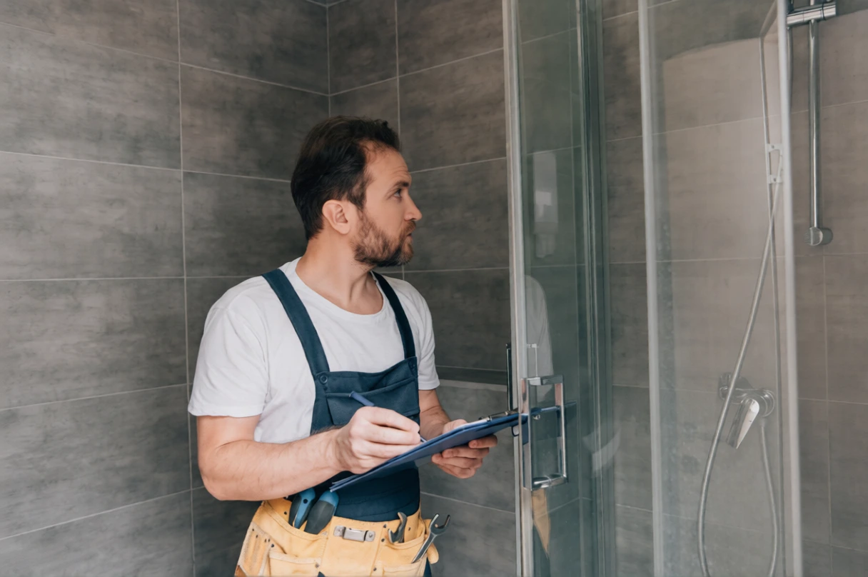 Plumber inspecting shower installation while holding clipboard