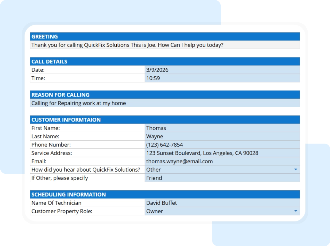 small business dispatcher script template tab including the greeting, call details and etc