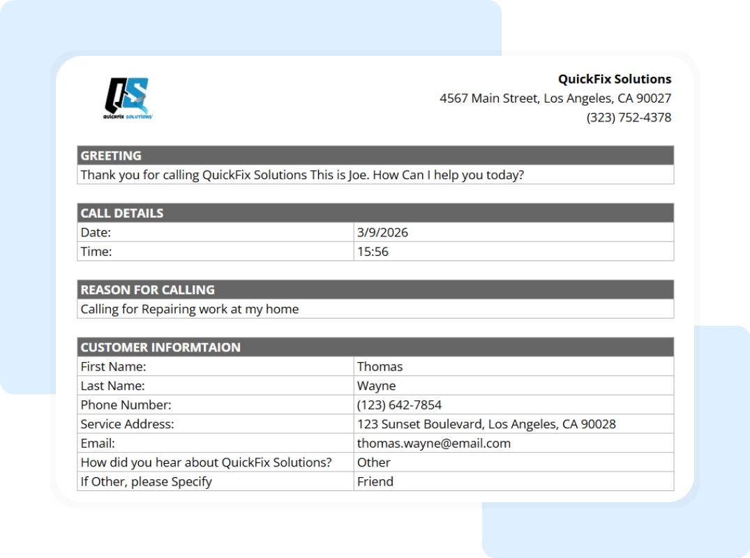 small business dispatcher script template tab showing the printable full summary report