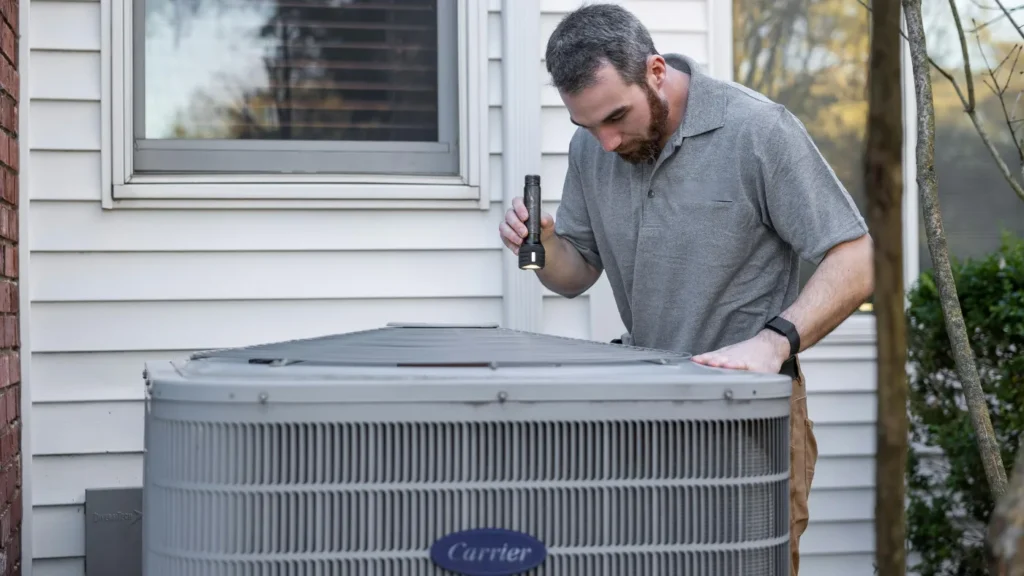 pro HVAC technician inspecting outdoor HVAC unit