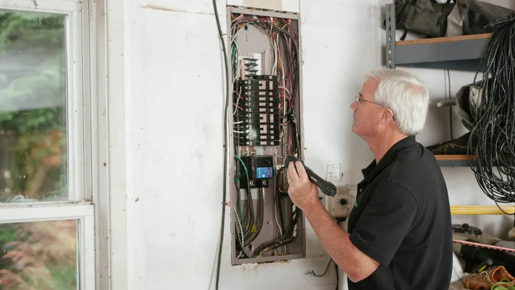 Home service professional inspecting electrical panel, representing modern tools and technology in field service work