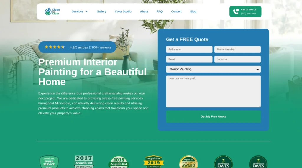 Painting company website homepage with free quote form and customer review rating badge