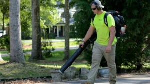 Pro landscaper cleaning street using leaf blower
