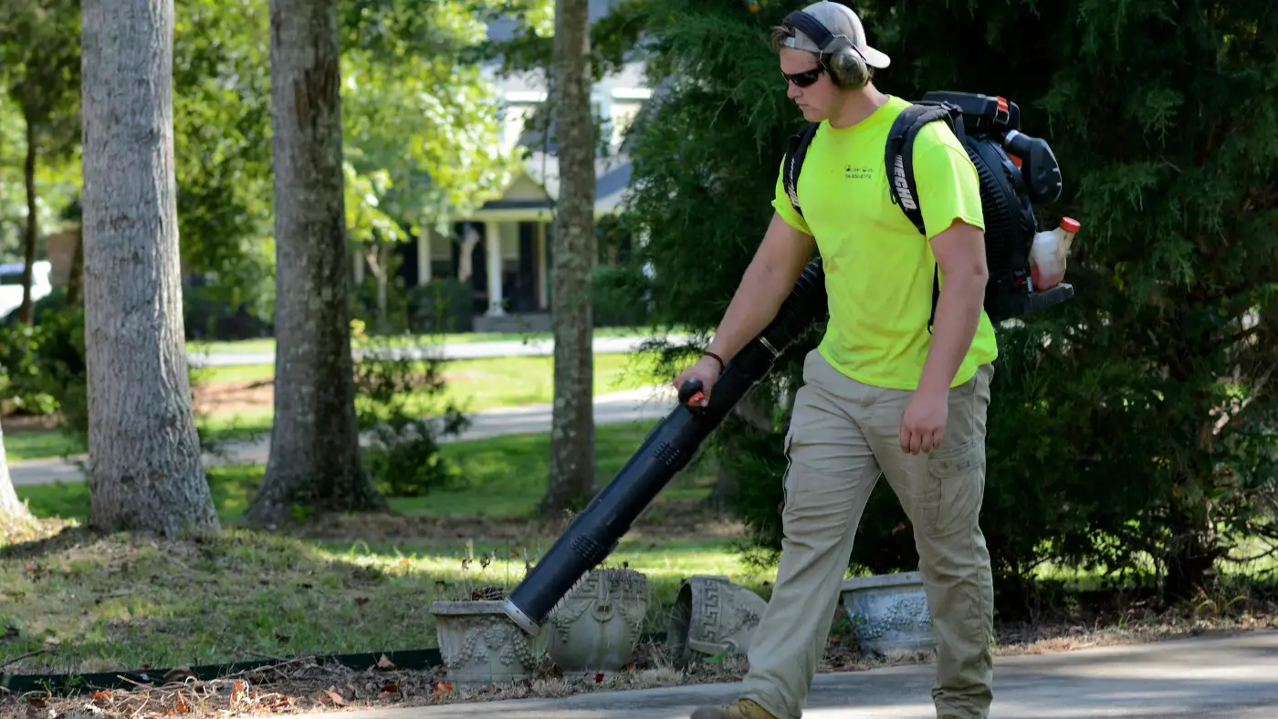 Pro landscaper cleaning street using leaf blower