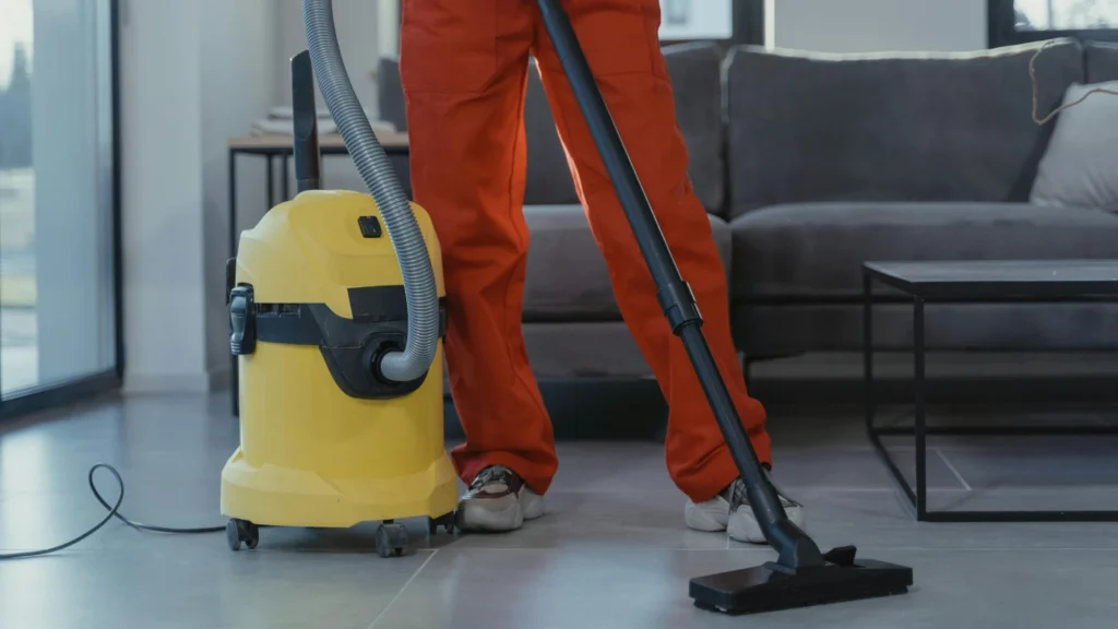 Professional cleaner using a vacuum cleaner