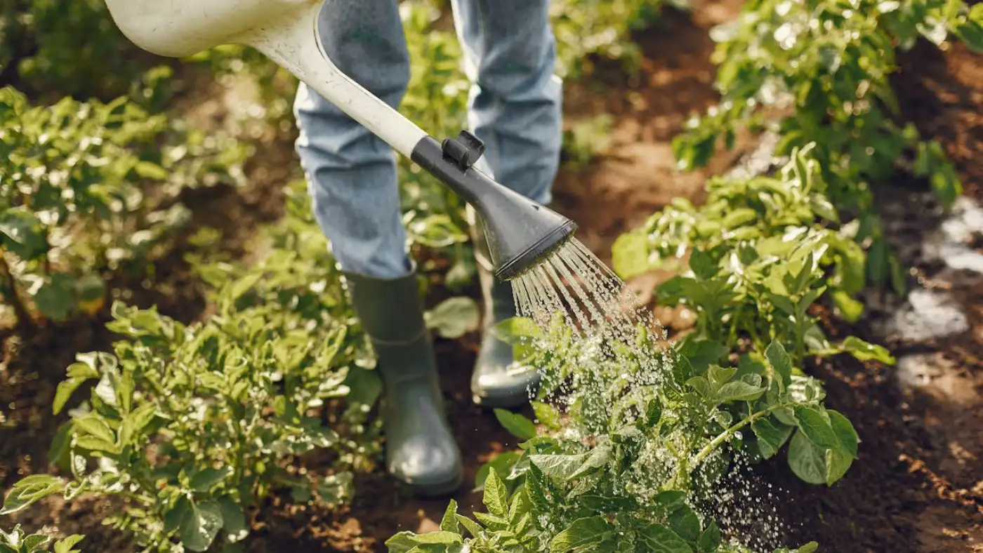 Man giving water to plants