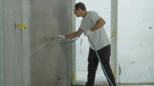 Man is painting and holding a spray hose and paint the wall