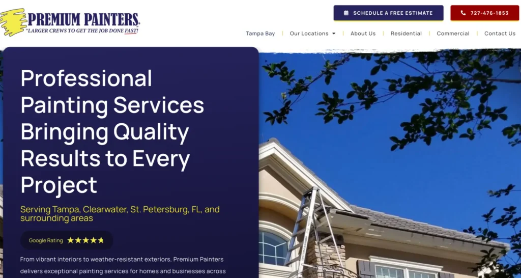 Premium Painters website homepage highlighting professional residential and commercial painting services in Tampa Bay