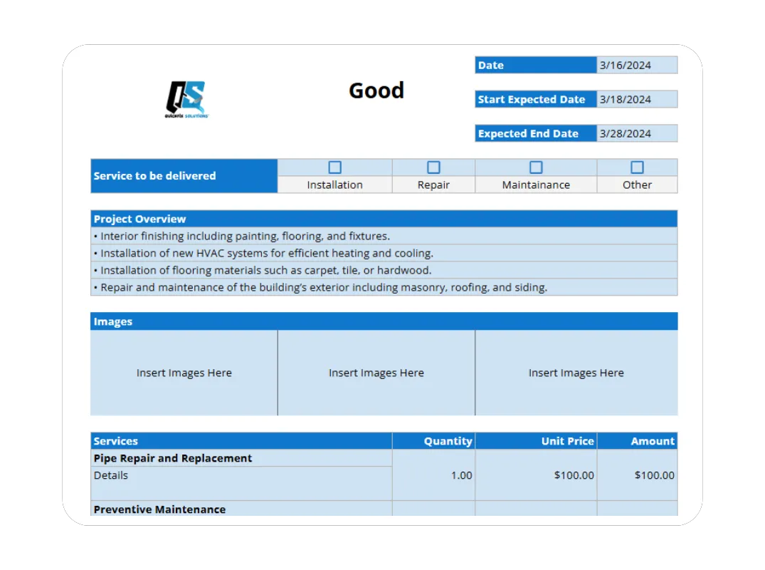 Field service bid proposal template with project overview, images, and service pricing