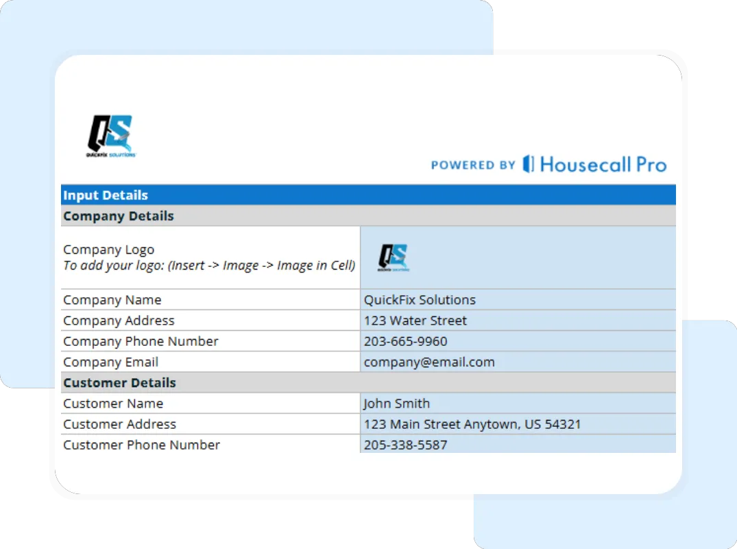 Field service bid proposal template input sheet with company and customer details