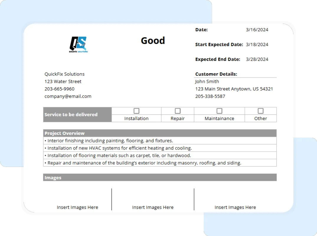 Field service bid proposal template example with customer details and project overview