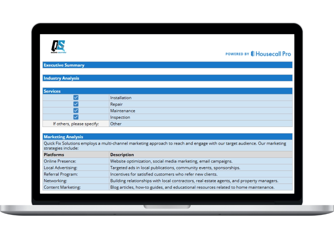 showing the plan details tab including the service and marketing analysis section in detail