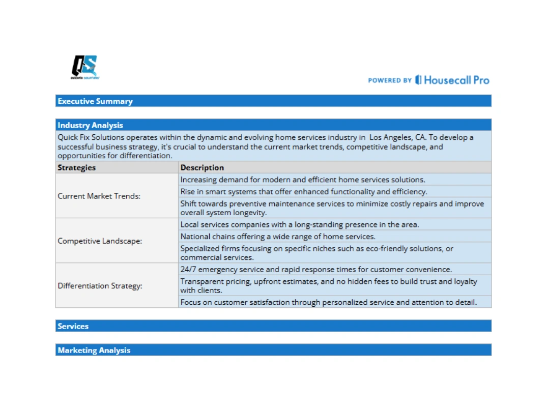 field service business plan template cta showing the executive summary, industry analysis along with the strategies