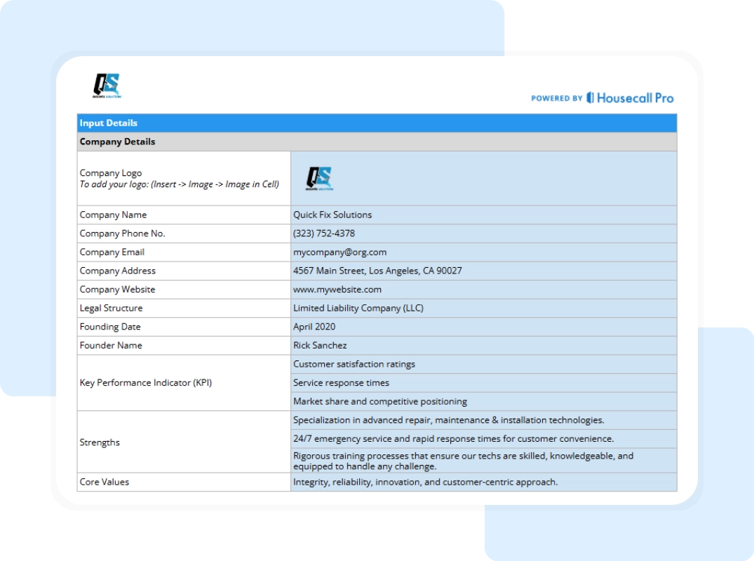 field service business plan company details tab showing the details including company logo, name, email, phone no., and more