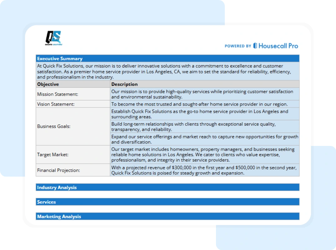 field service business plan template showing plan details tab