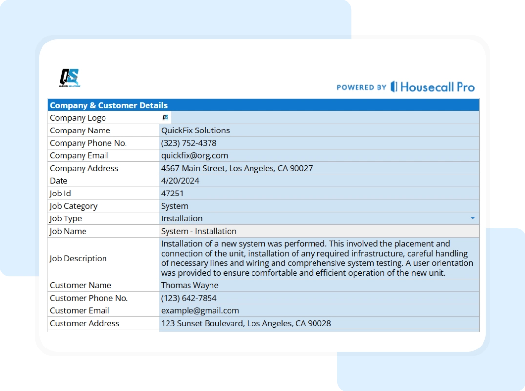 company and customer details of field service report template