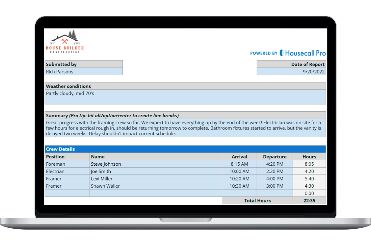 general contractor daily report showing the work details