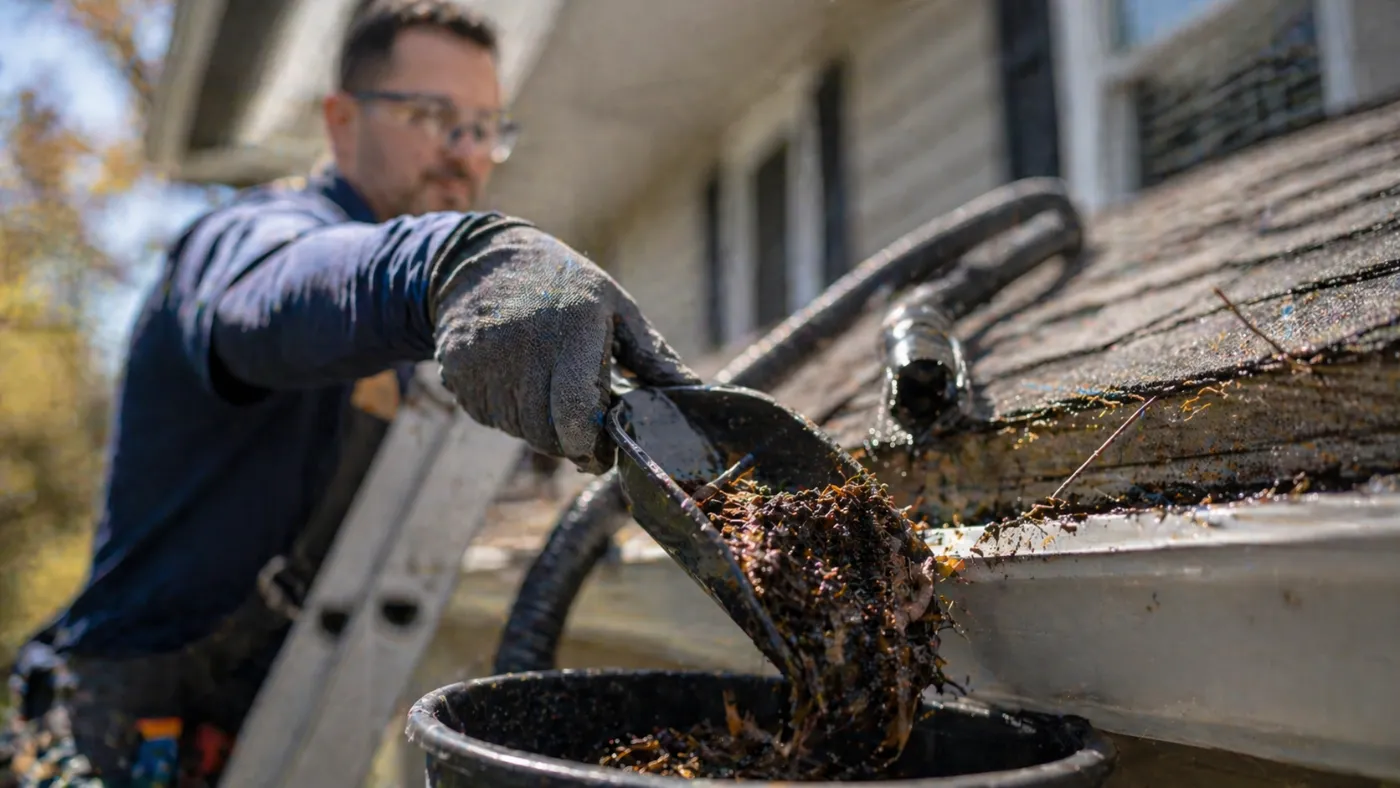 Gutter cleaning technician removing debris from a residential roof gutter