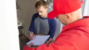 Pest control technician collecting payment signature at a customer's front door