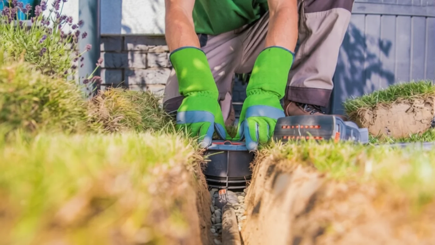 Pro installing the watering systems in the garden